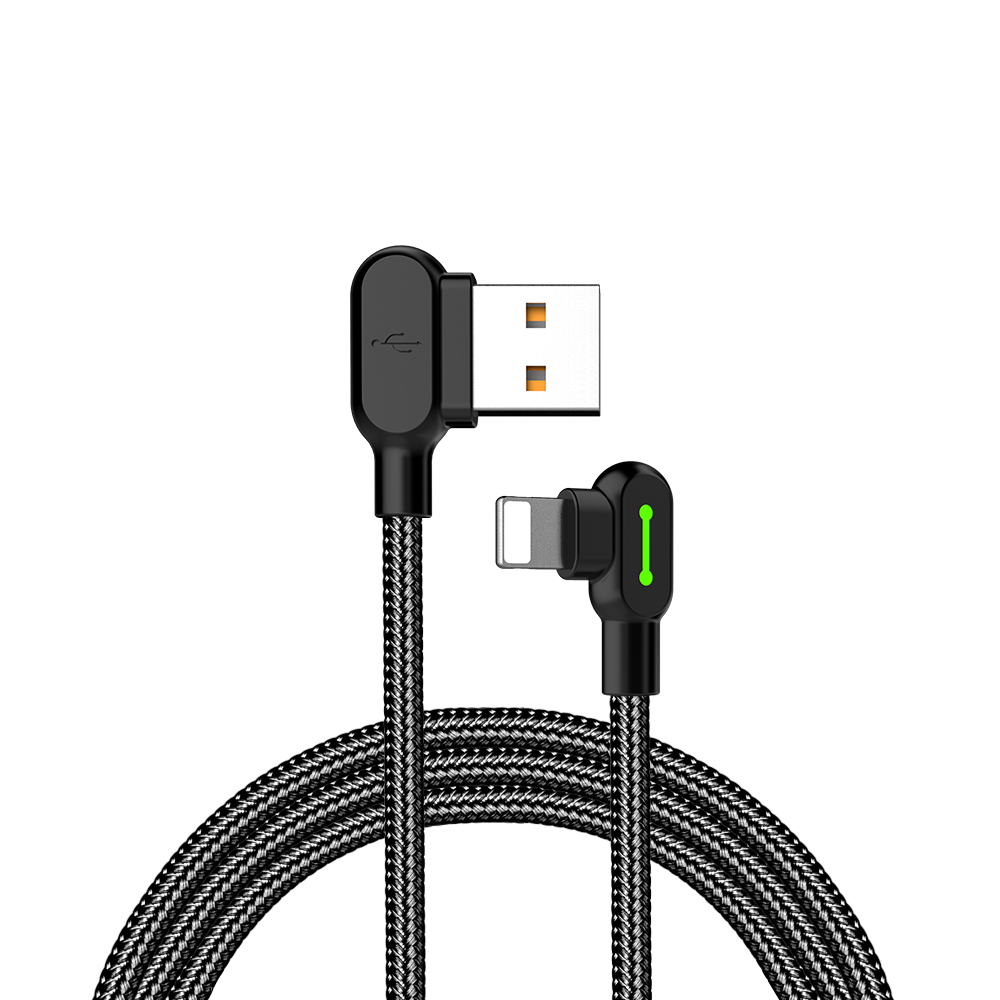 McDodo CA-4671 vinklet lyn (ikke MFI) til vinklet USB en kabel for synkronisering og rask lading, med LED, svart, 1,2m
