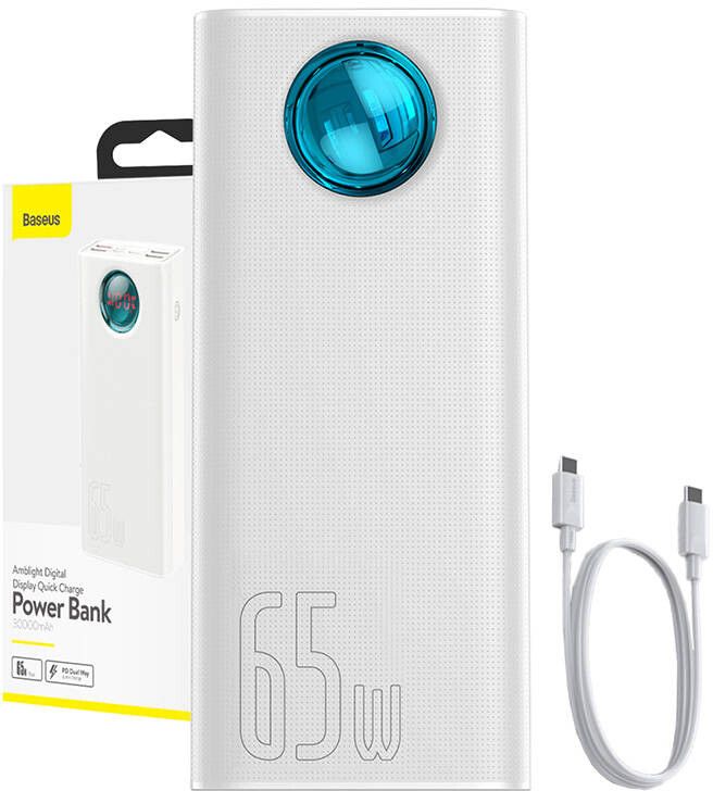 Baseus Amblight Digital Display Quick Charge - 30000mAh - 65W - 4xUSB USB-C Nødlader - Hvit - 30000 mAh