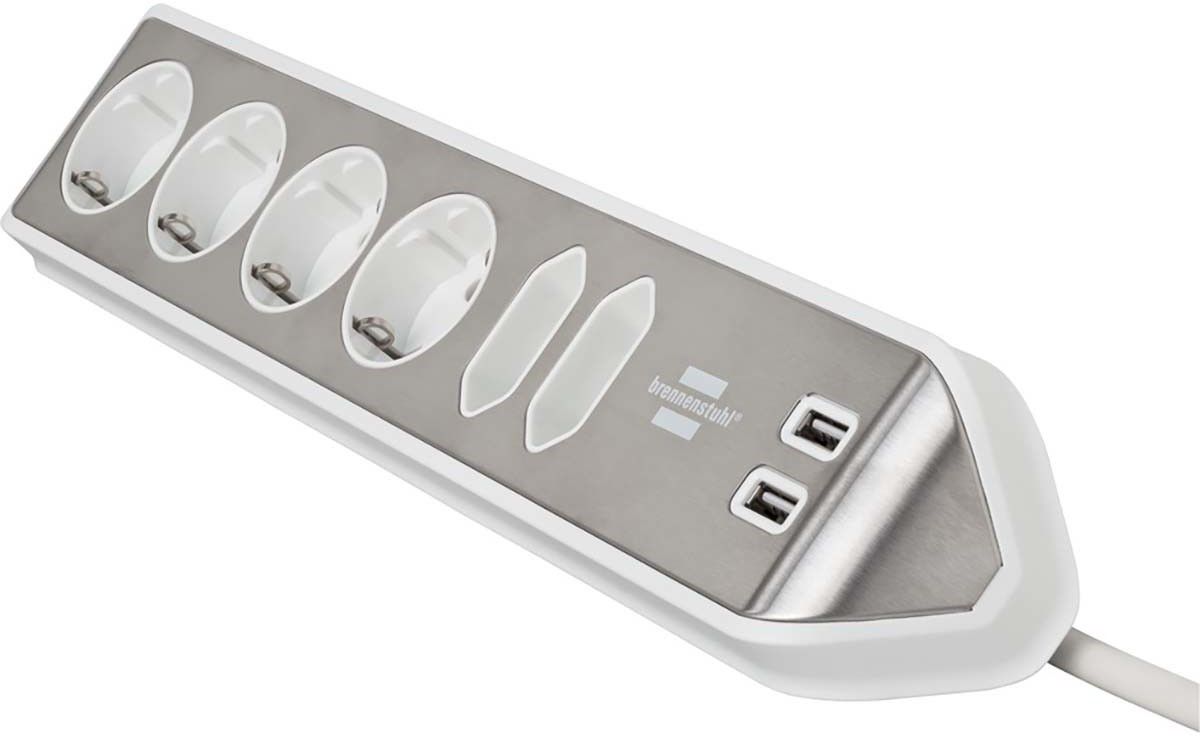 Brennenstuhl estilo Hjørneforlengerkabel 6-veis m/ USB - Sølv/vit