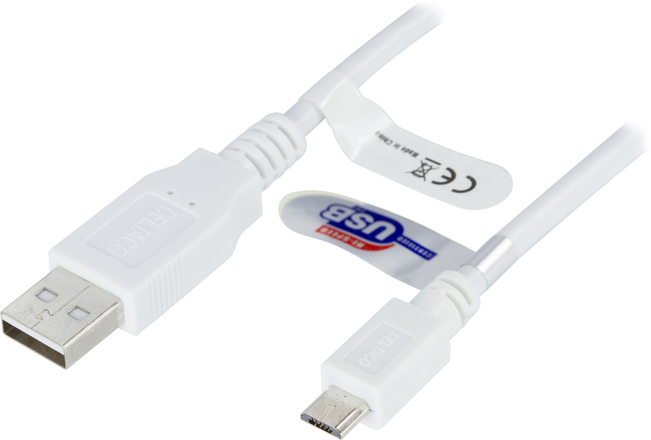 Deltaco USB-A til MicroUSB-kabel  - Vit 2 meter