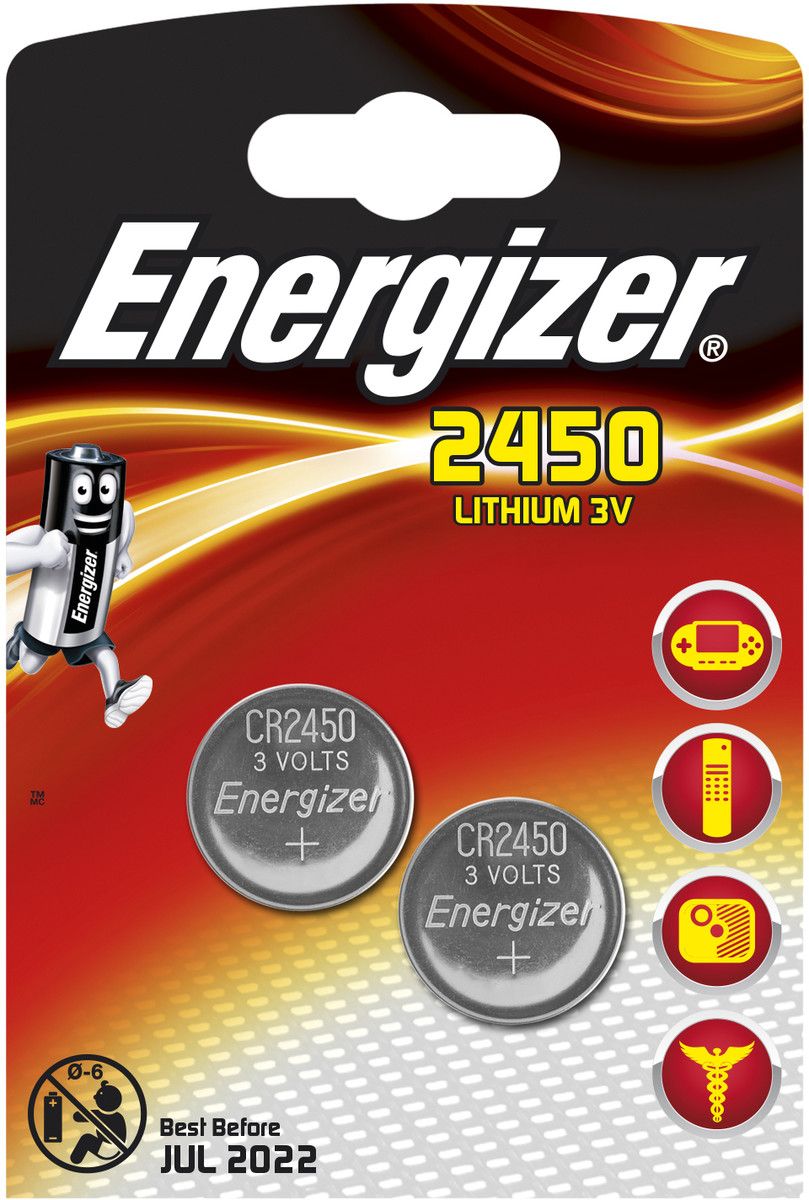 Energizer Lithium Knappecellebatteri CR2450, 3 V, 2-pakning