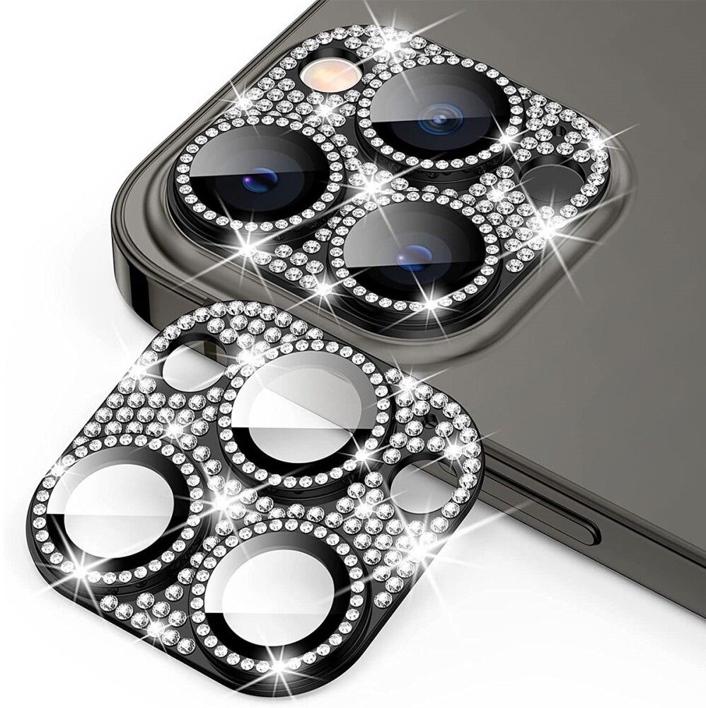 Enkay Rhinestone kameraglass (iPhone 15 Pro/15 Pro Max) - Svart