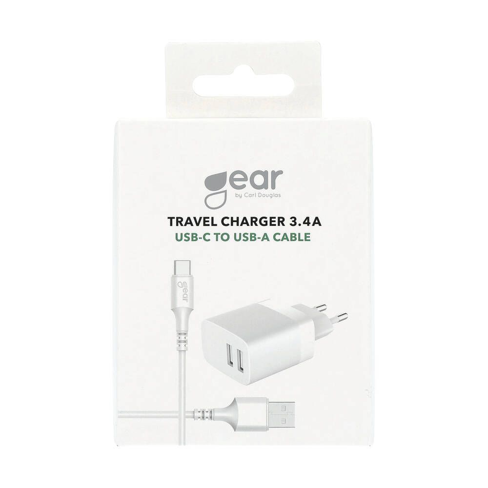 GEAR Charger 220V 2xUSB-A 3.4A White USB-C 2.0 Cable 1m