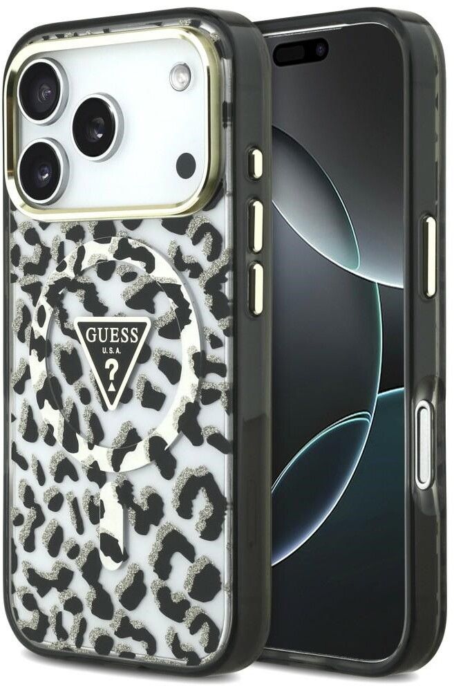Guess IML Leopard Glitter Magsafe Case (17 Pro/18 Pro) - Svart