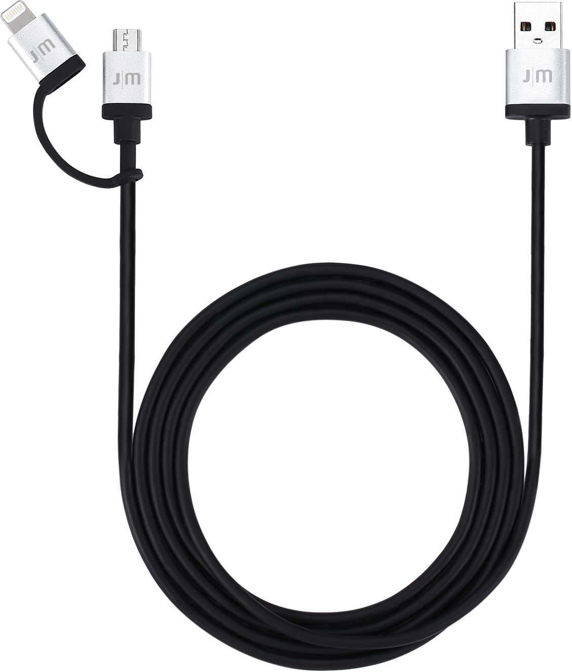 JustMobile AluCable Duo, 1,5 m, USB A, Micro-USB B/Lightning, Hankjønn/hankjønn, Aluminium, Sort