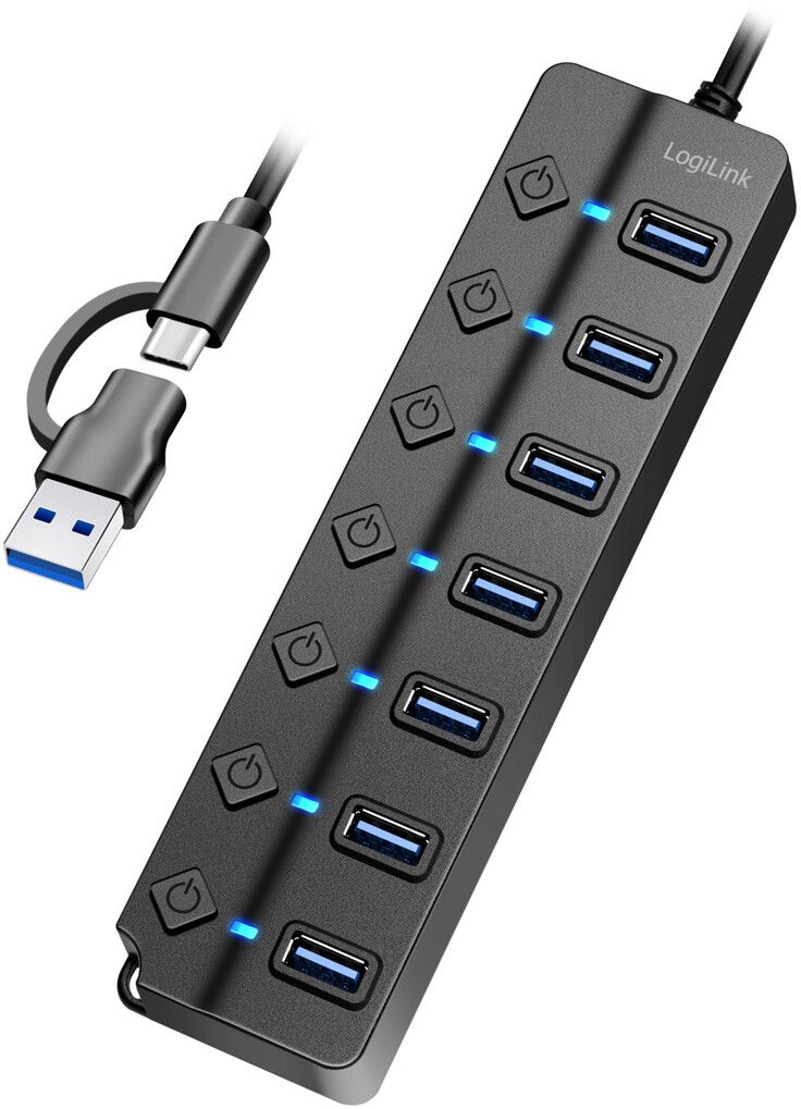 LogiLink USB-hub med 7 porter og separate på/av-knapper USB-C/USB-A i USB 3.2 Gen1