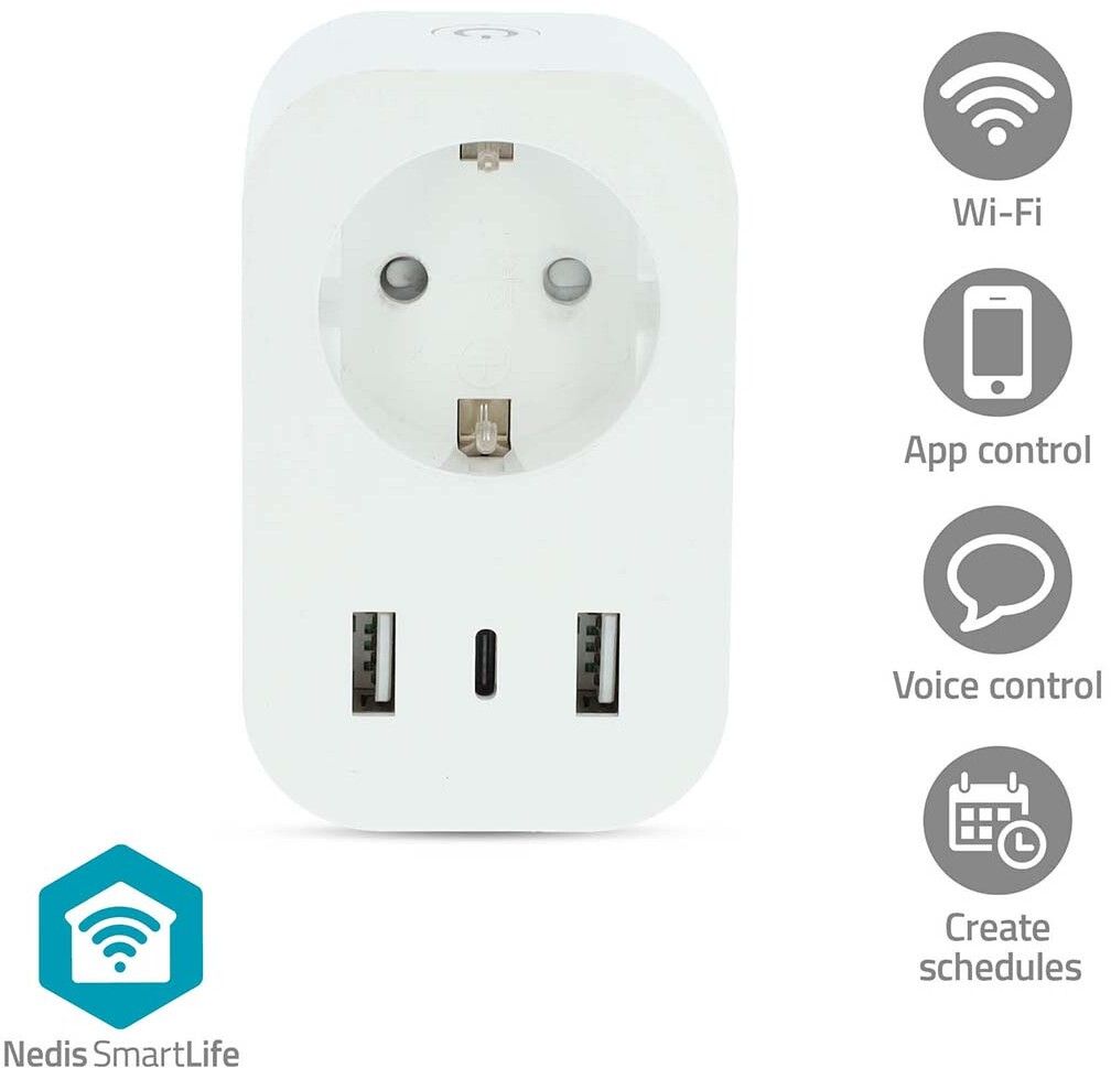 Nedis SmartLife Smart Plug Wi-Fi Power meter 3680 W Type F (CEE 7/7) / 1x USB-C / 2x USB White