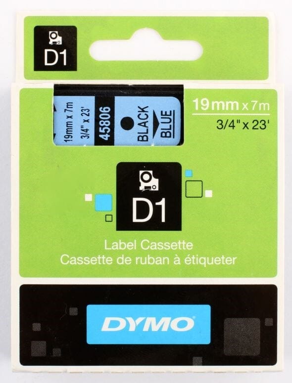 DYMO D1 tape, 19mm x 7m rull, sort på blå