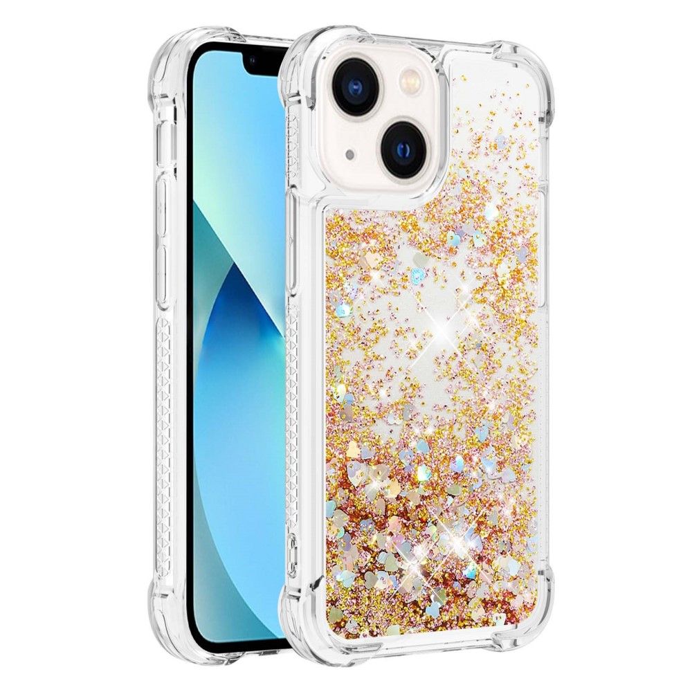 Trolsk Liquid Glitter Deksel - Hearts (iPhone 15 Plus) - Gull