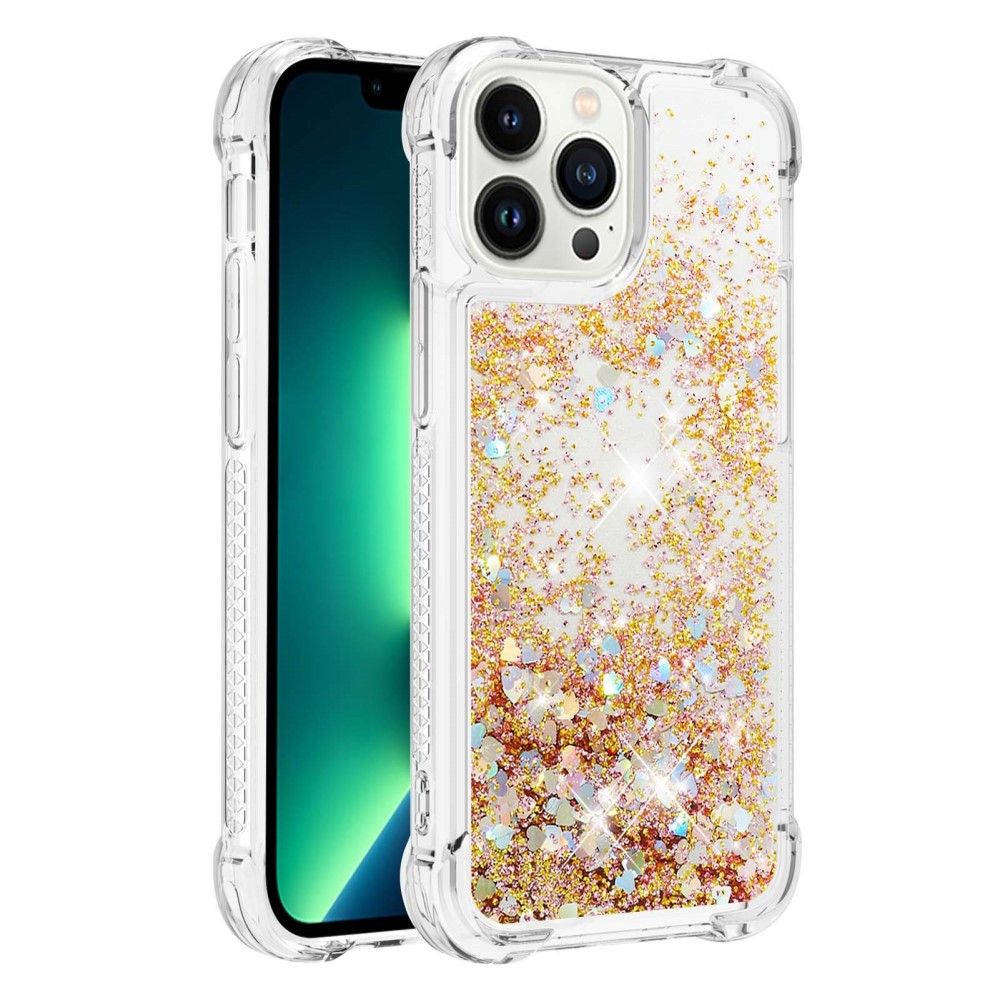 Trolsk Liquid Glitter Deksel - Hearts (iPhone 15 Pro Max) - Gull