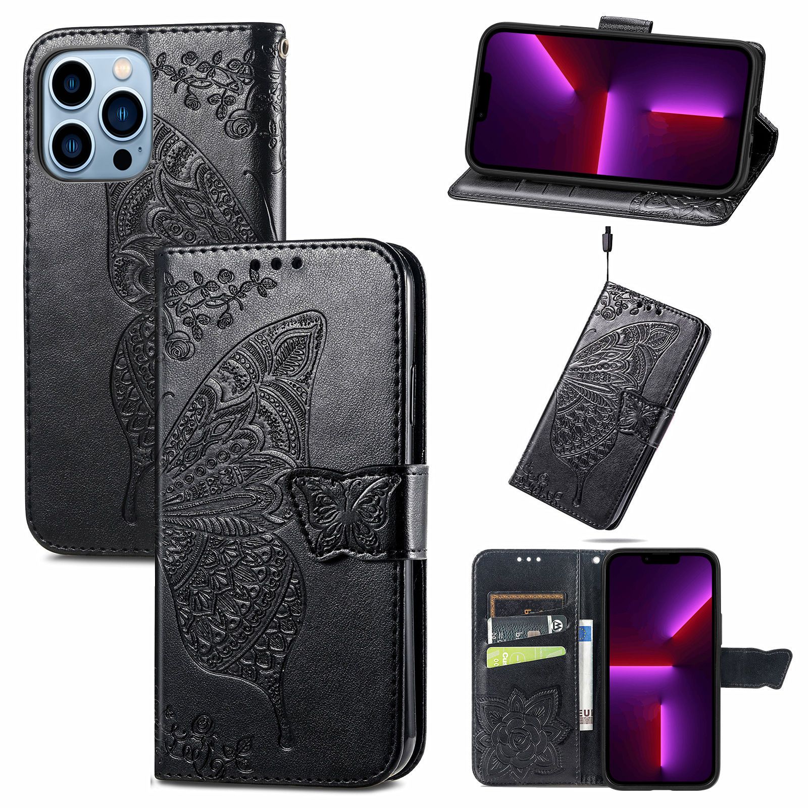 Trolsk Wallet-deksel med Butterfly (iPhone 11) - Svart