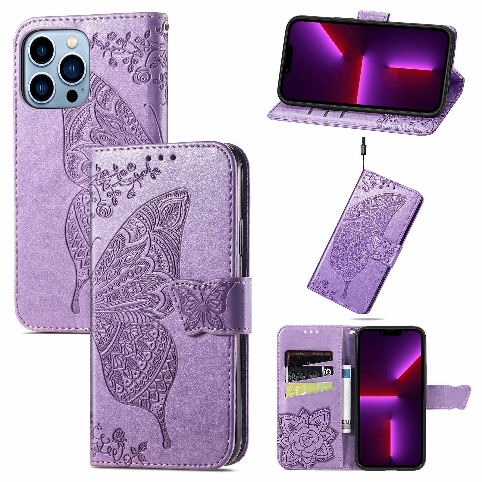 Trolsk Wallet-deksel med Butterfly (iPhone 12 / 12 Pro) - Ljuslila