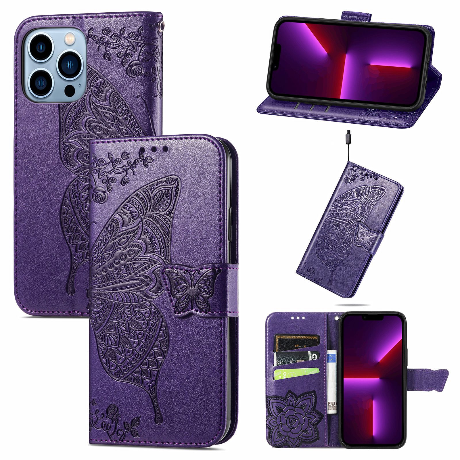 Trolsk Wallet-deksel med Butterfly (iPhone 12 / 12 Pro) - Lila