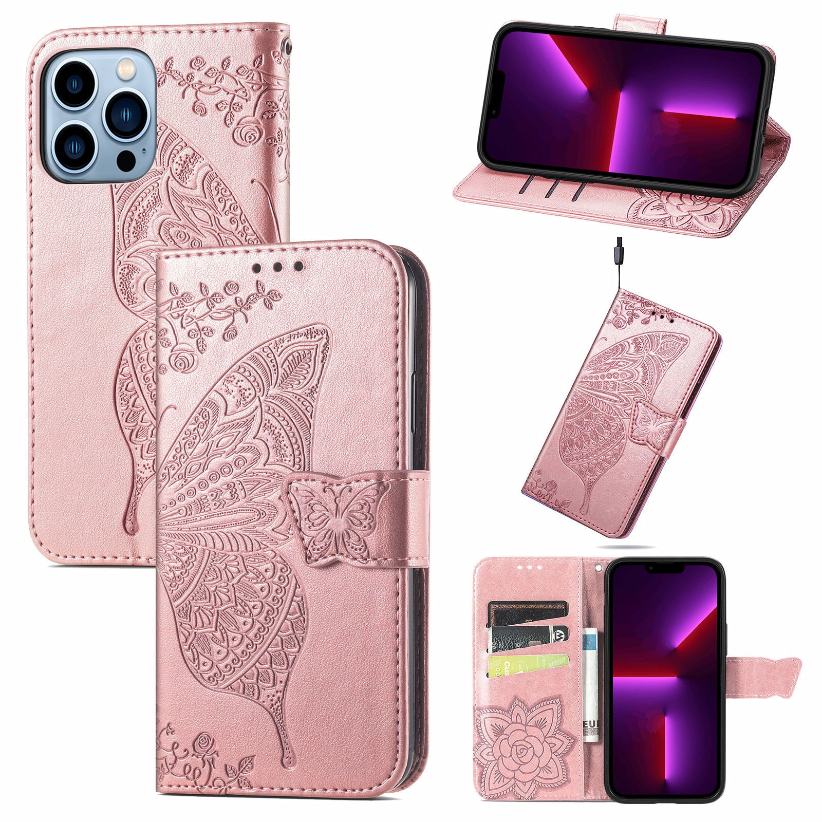 Trolsk Wallet-deksel med Butterfly (iPhone 15 Pro Max) - Rose gull