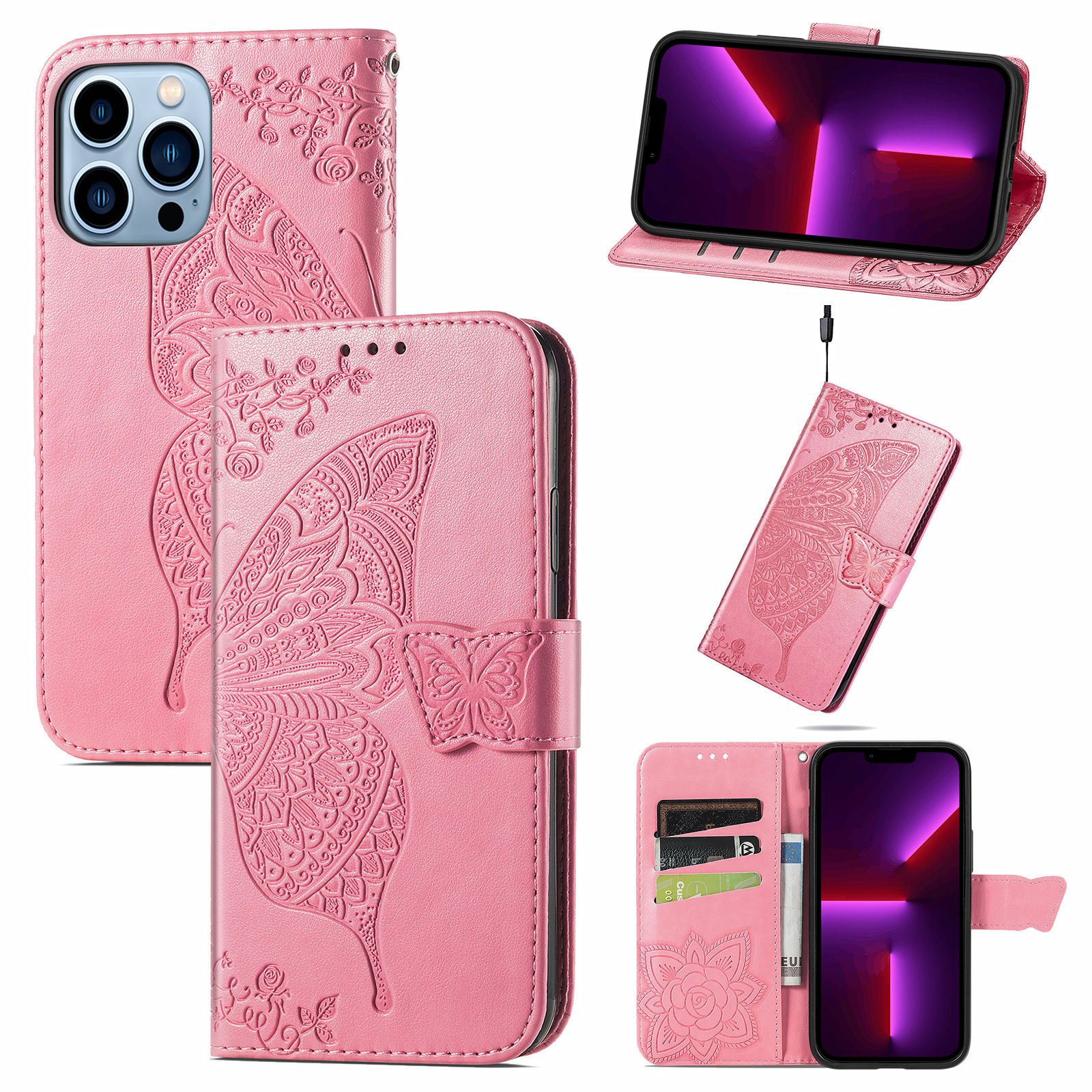 Trolsk Wallet-deksel med Butterfly (iPhone 15 Pro) - Rosa